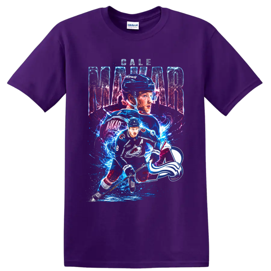 Cale Makar Colorado Avalanche number 8 hockey graphic with electric ice effects on a Purple T Shirt