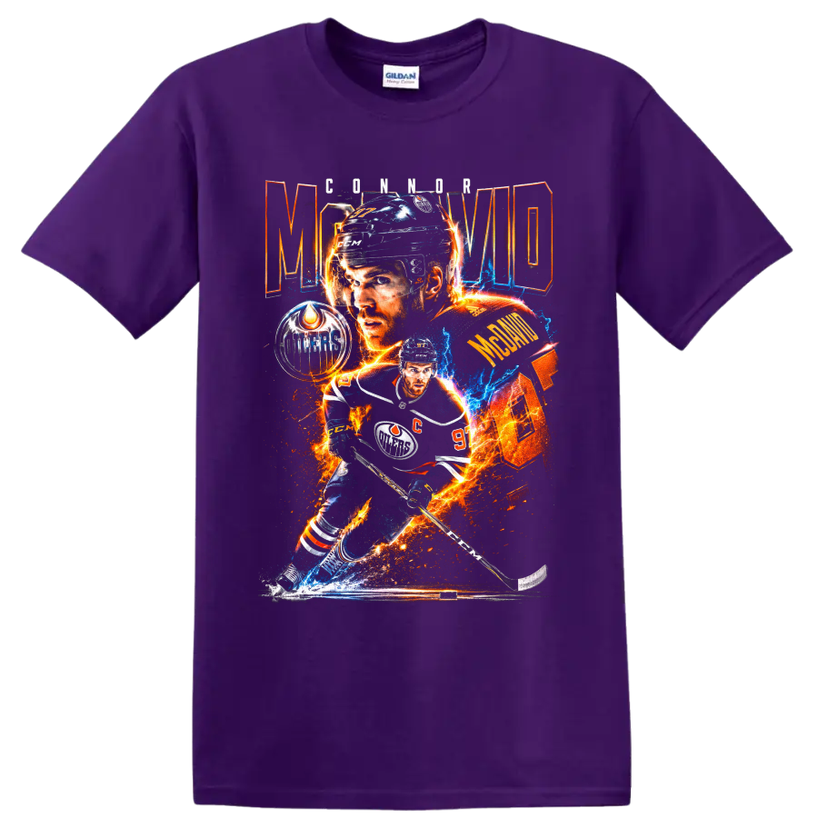 Connor McDavid Edmonton Oilers hockey collage with fiery electric graphic effects on a Purple T Shirt