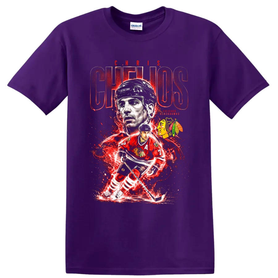 Chris Chelios Chicago Blackhawks hockey collage with red electric graphics on a Purple T Shirt
