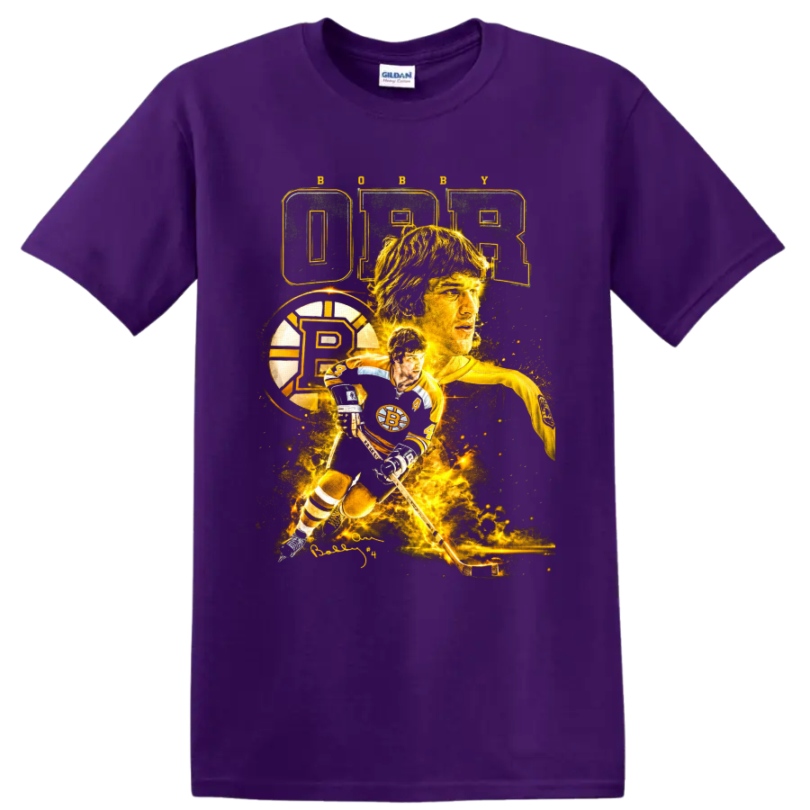 Bobby Orr Boston Bruins hockey collage with number 4, puck, action pose, and signature on a Purple T Shirt