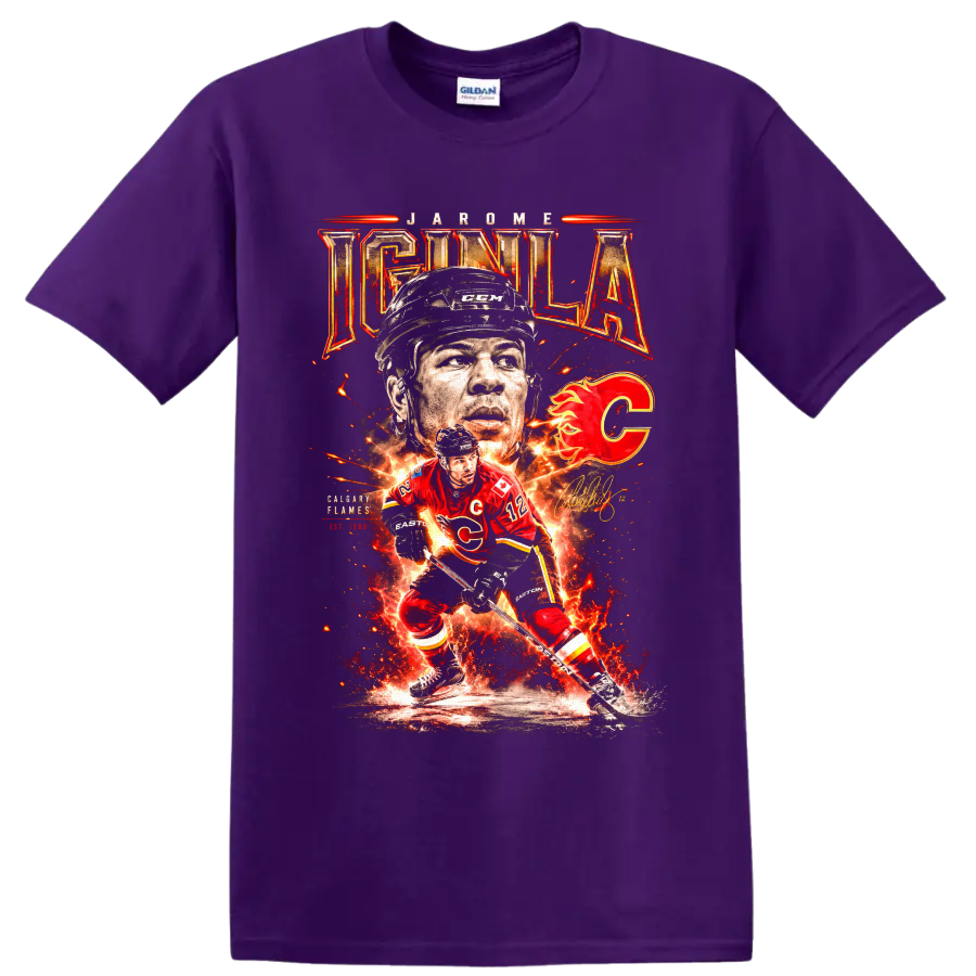 Jarome Iginla Calgary Flames fiery hockey action collage with number 12 and flaming C on a Purple T Shirt