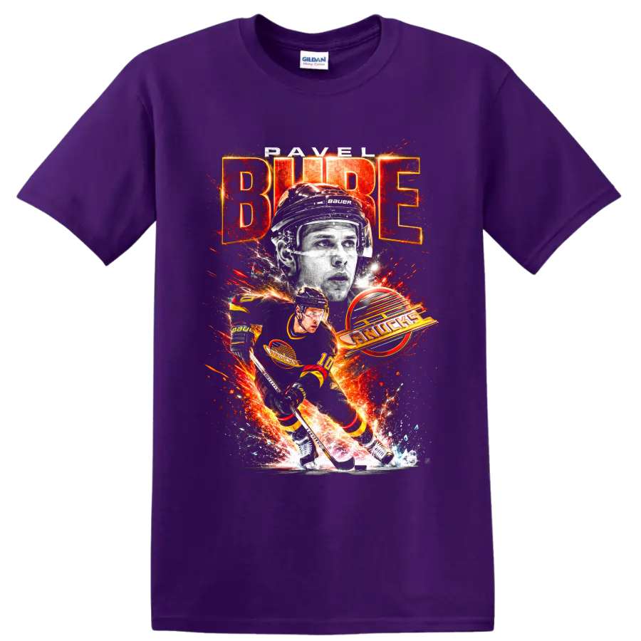 Pavel Bure Vancouver Canucks hockey action graphic with BURE and Canucks text on a Purple T Shirt