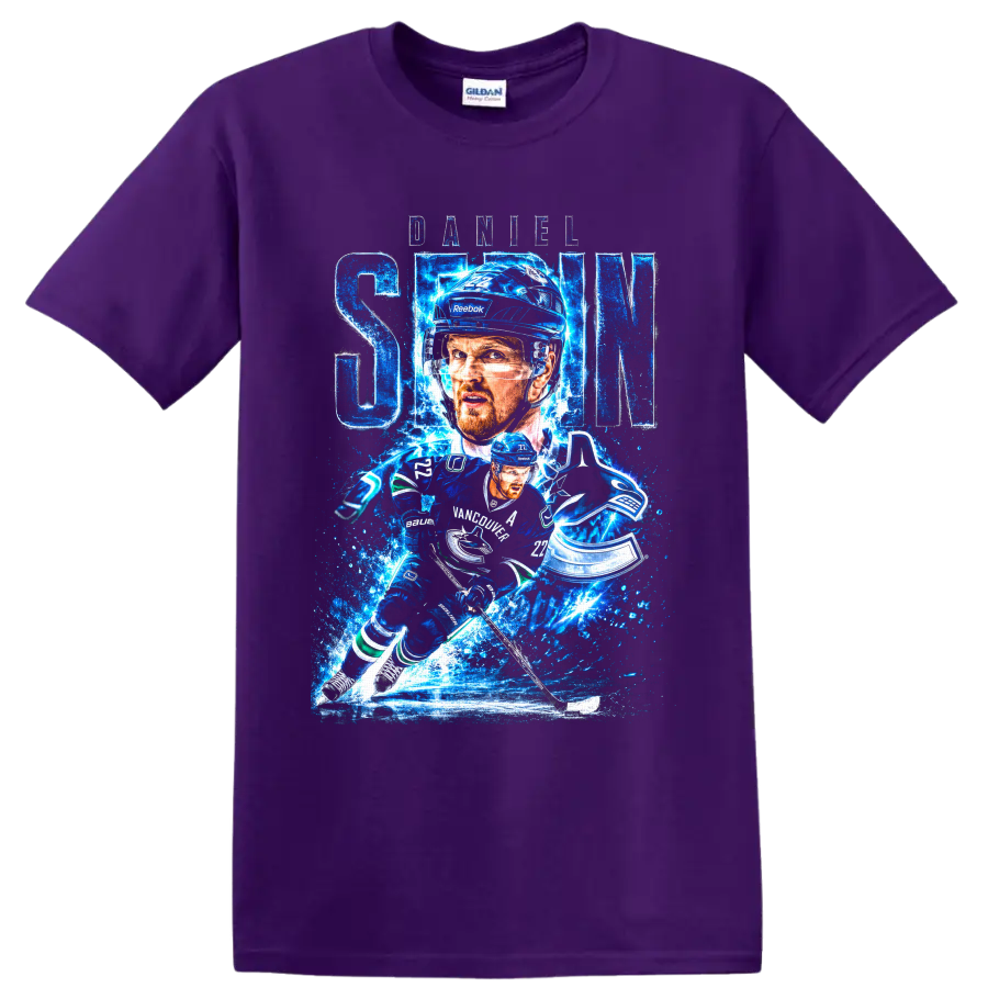 Daniel Sedin Vancouver Canucks hockey action graphic with blue ice effects and number 22 on a Purple T Shirt