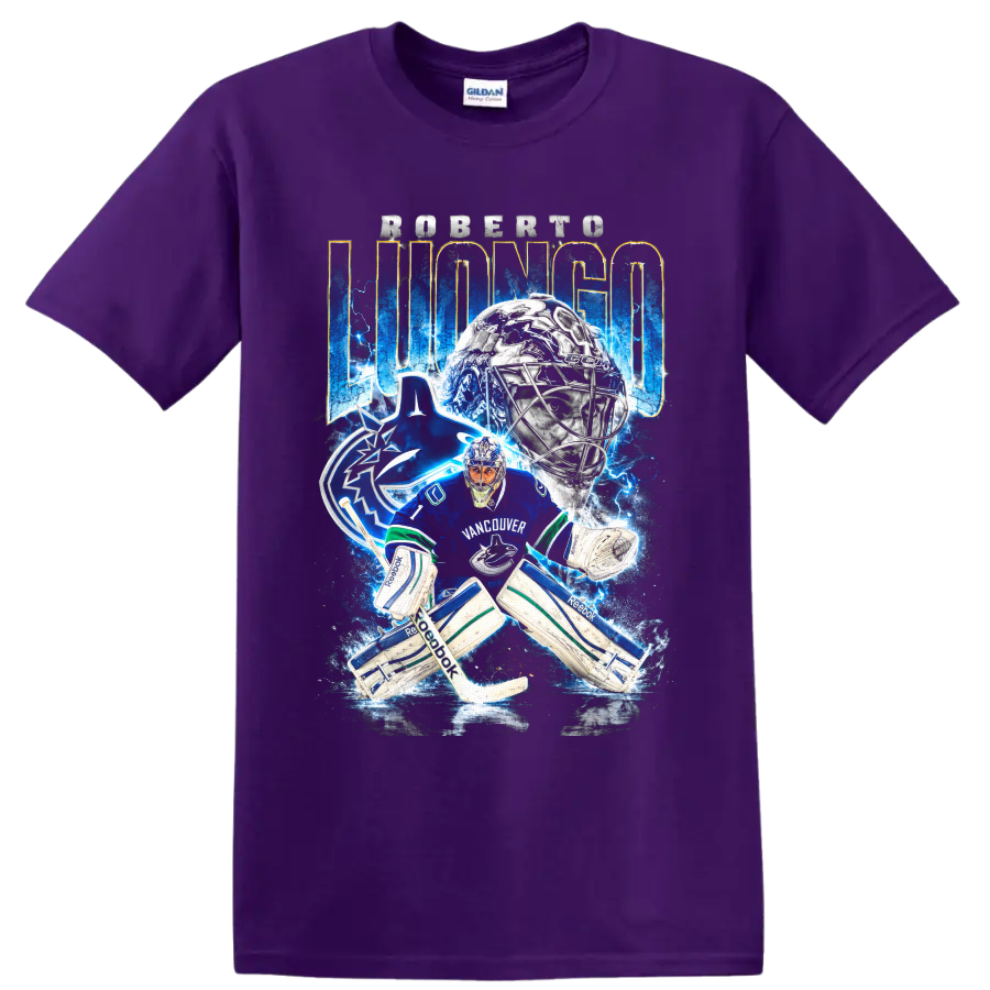 Roberto Luongo Vancouver Canucks goalie graphic with electric blue hockey artwork on a Purple T Shirt
