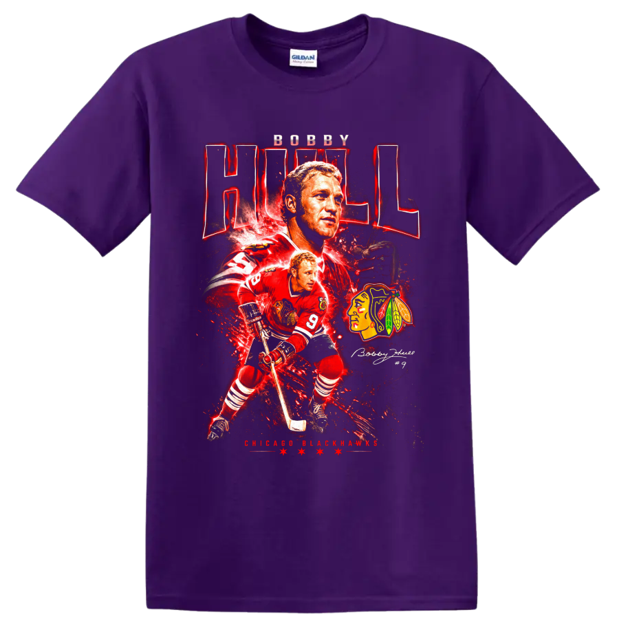 Bobby Hull Chicago Blackhawks number 9 hockey collage with red vintage graphic effects on a Purple T Shirt