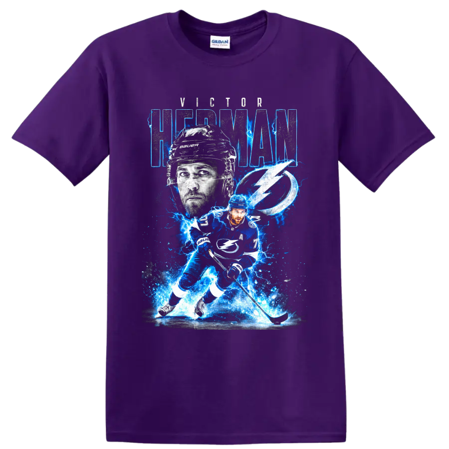 Victor Hedman Tampa Bay hockey player graphic with number 77 and electric blue lightning on a Purple T Shirt