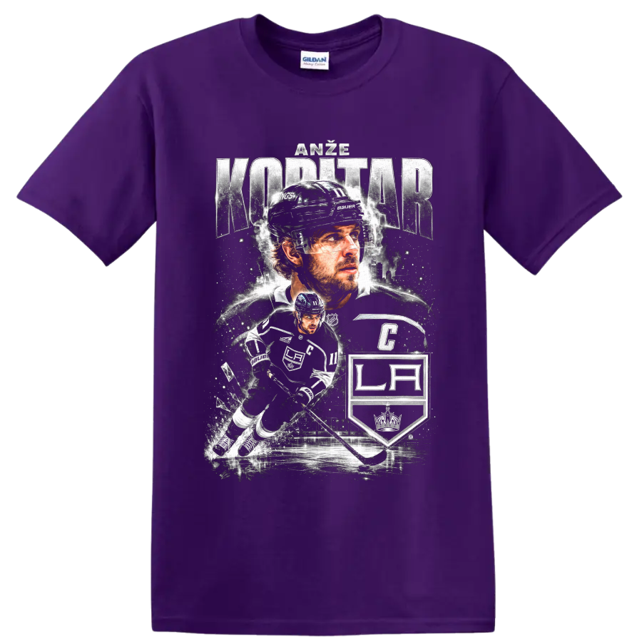 Anze Kopitar Los Angeles Kings captain hockey collage with LA shield and action art on a Purple T Shirt