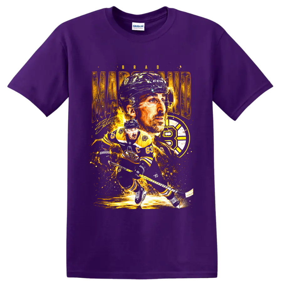 Brad Marchand number 63 hockey portrait and action collage with gold Bruins-style emblem on a Purple T Shirt