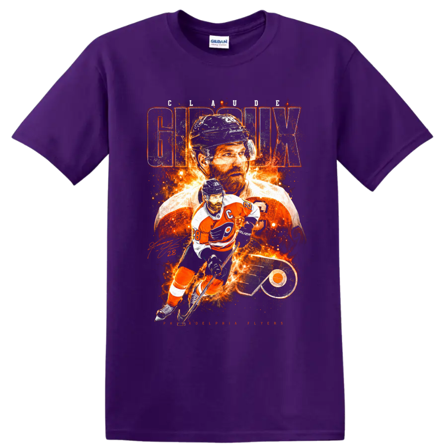 Claude Giroux Flyers hockey collage with fiery action art and Giroux lettering on a Purple T Shirt