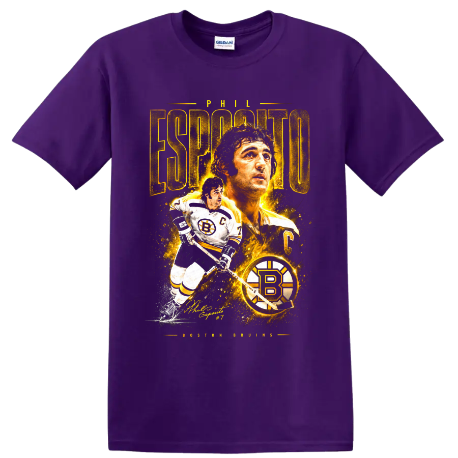 Phil Esposito Boston Bruins gold portrait and skating hockey graphic with number 7 on a Purple T Shirt