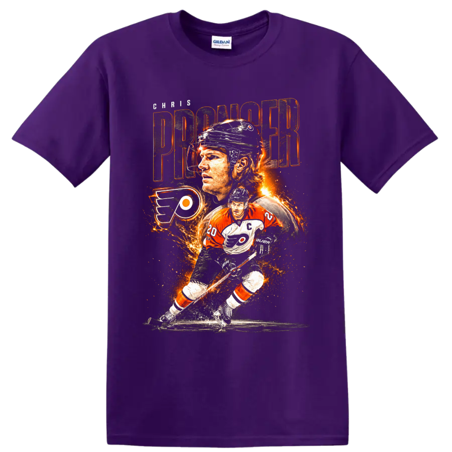 Chris Pronger Philadelphia Flyers hockey collage with fiery action artwork on a Purple T Shirt