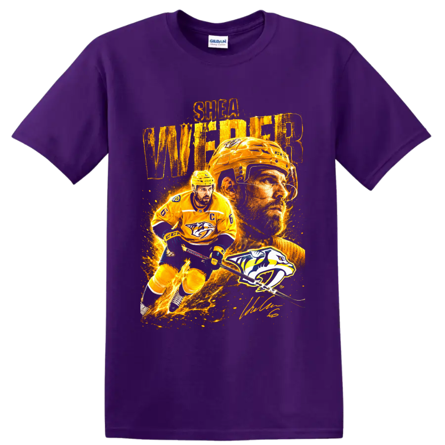 Shea Weber Nashville Predators hockey collage with player portrait, action pose, and team on a Purple T Shirt