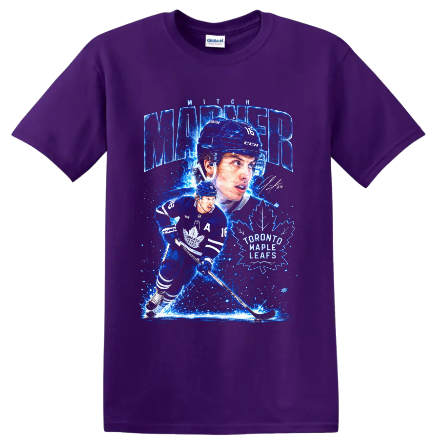 Mitch Marner Toronto Maple Leafs electric-blue hockey action graphic with number 16 on a Purple T Shirt