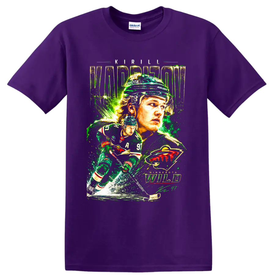 Kirill Kaprizov Minnesota Wild hockey portrait graphic with action player and team emblem on a Purple T Shirt