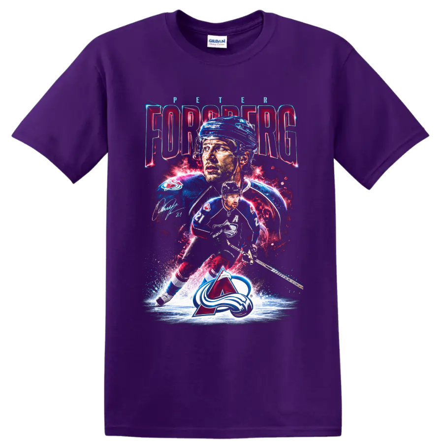 Peter Forsberg Colorado Avalanche hockey collage with PETER FORSBERG text and number 21 on a Purple T Shirt