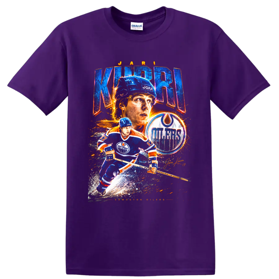 Jari Kurri Edmonton Oilers vintage-style hockey collage with team logo and signature on a Purple T Shirt