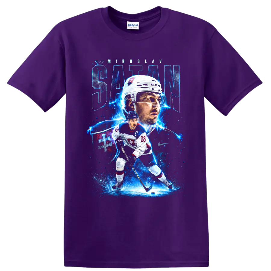 Miroslav Satan Slovakia hockey captain 18 electric blue graphic print on a Purple T Shirt