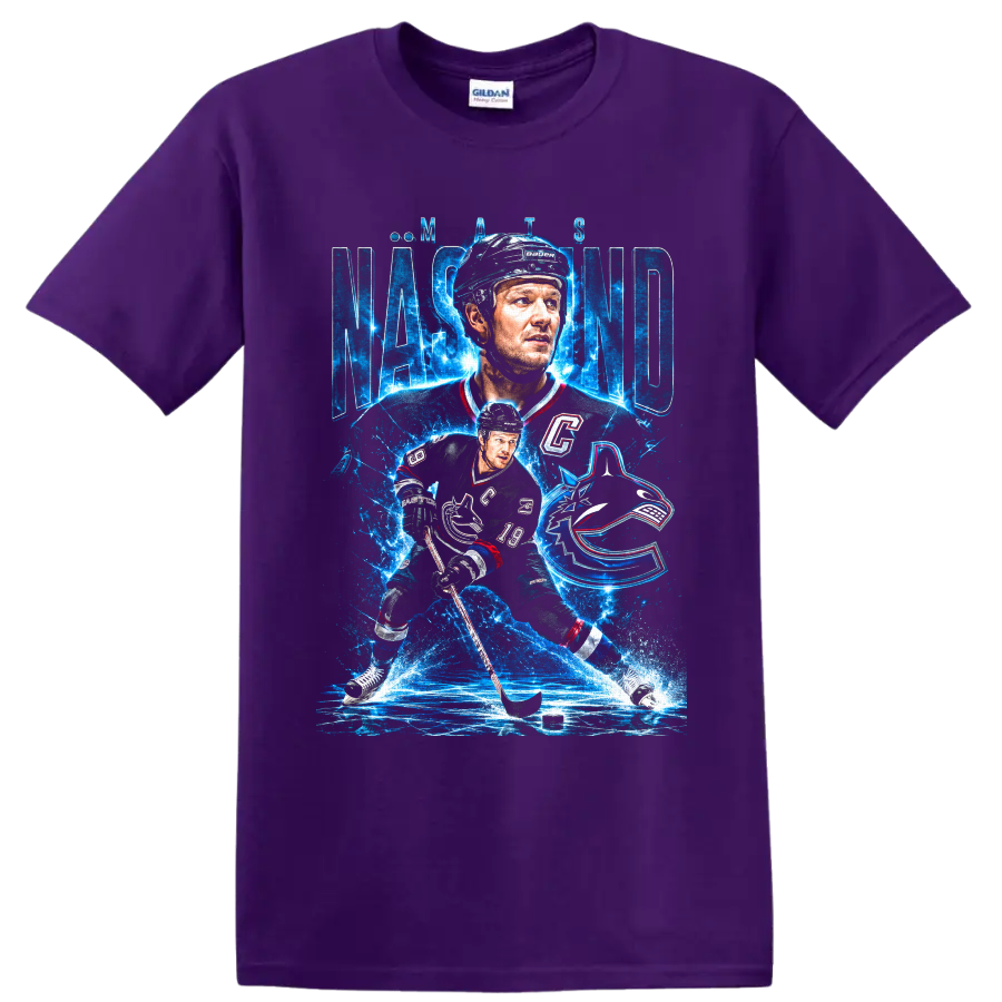 Markus Naslund hockey portrait and action graphic with icy blue Canucks-inspired design on a Purple T Shirt