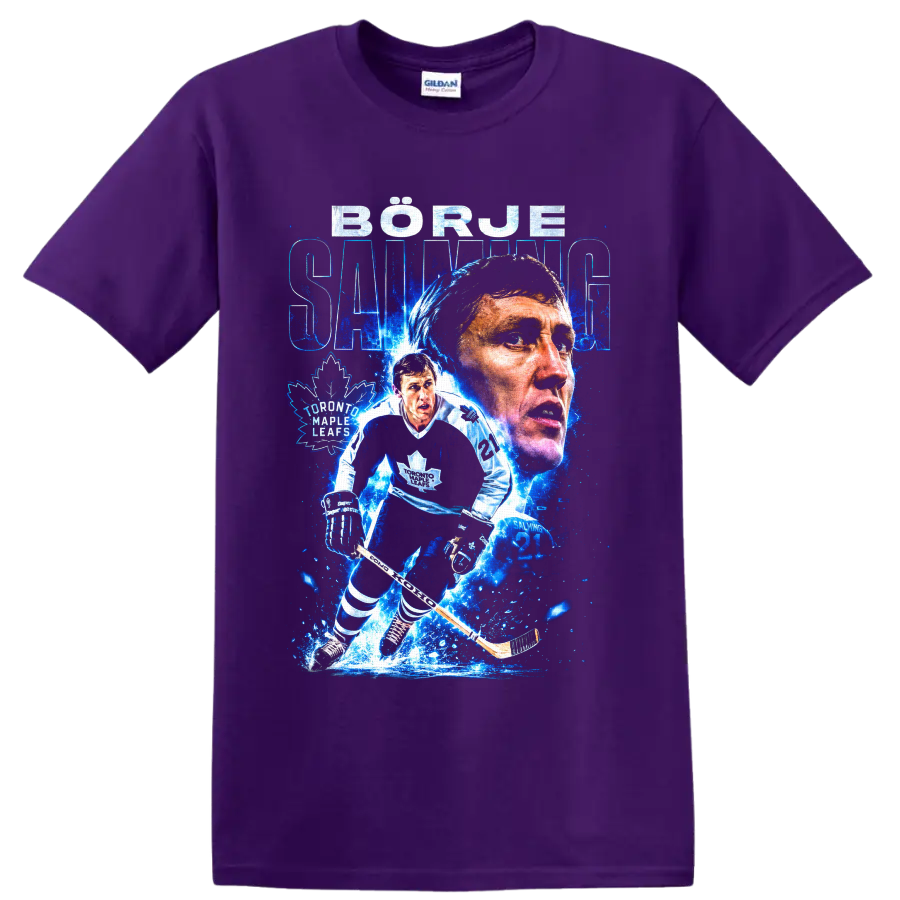 Börje Salming Toronto Maple Leafs hockey tribute with portrait and skating action on a Purple T Shirt