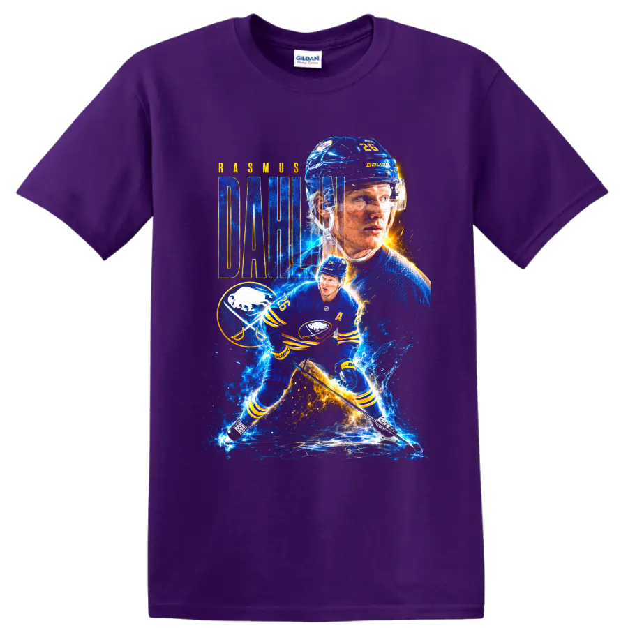 Rasmus Dahlin Buffalo Sabres hockey collage with bold name lettering and electric ice on a Purple T Shirt