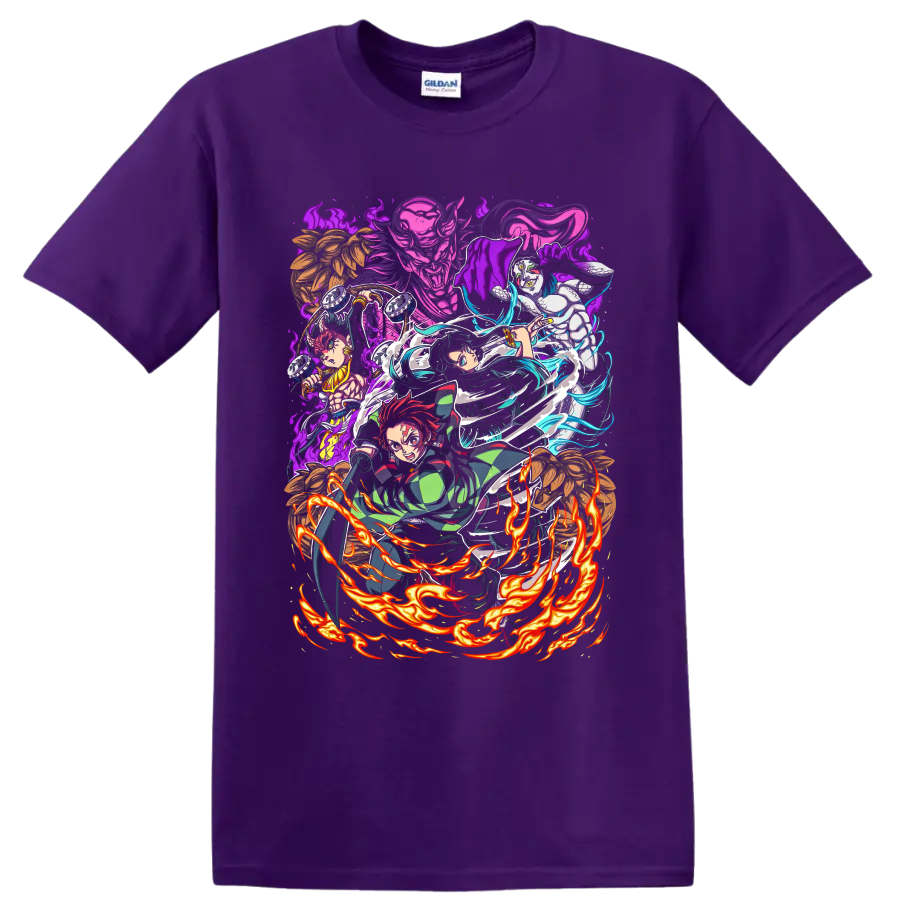 Demon Slayer Swordsmith Village anime battle art with Tanjiro, Hashira, and demons on a Purple T Shirt