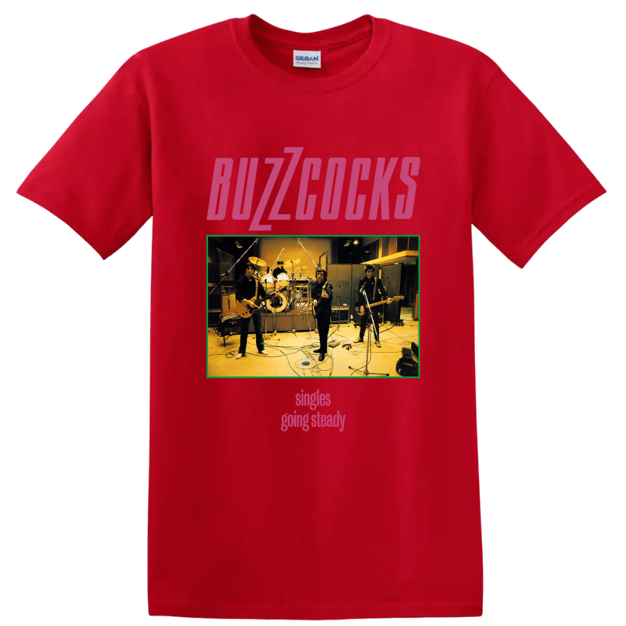 Buzzcocks punk rock band studio photo graphic with pink lettering on a Red T Shirt