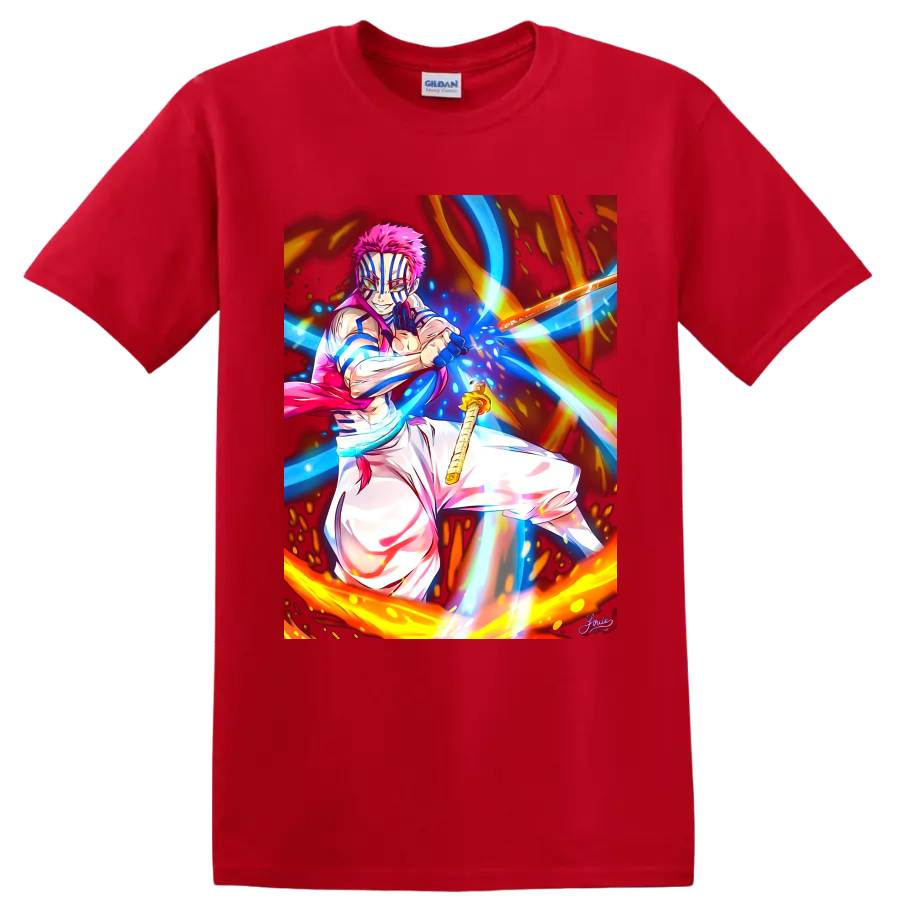 Akaza anime battle art with blue energy streaks, fiery arcs, and a sword on a Red T Shirt
