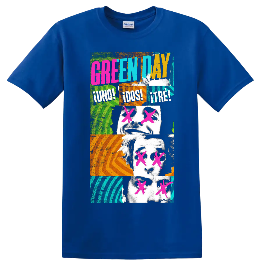 Green Day graphic print T shirt with neon punk rock portrait - Royal (Blue)