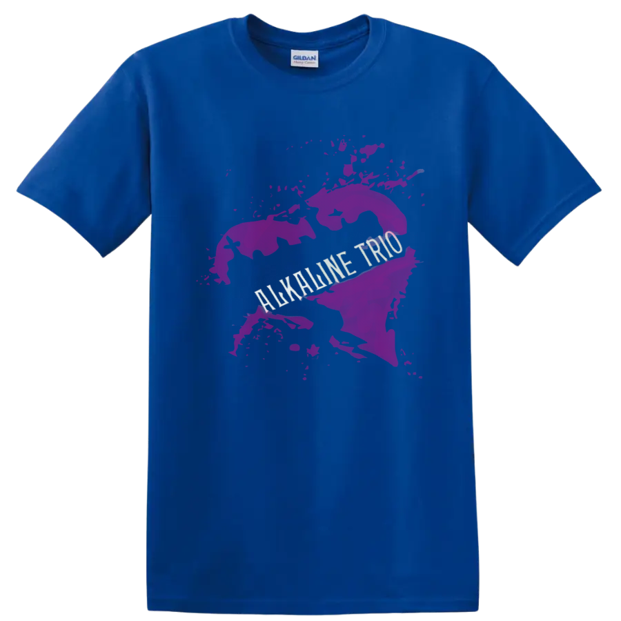 Alkaline Trio punk rock graphic with pink paint splash and distressed lettering on a Royal (Blue) T Shirt