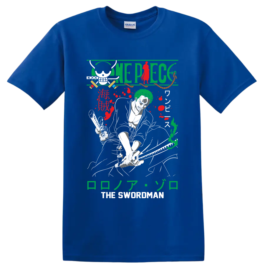Roronoa Zoro One Piece manga swordsman graphic with skull, swords, and Japanese lettering on a Royal (Blue) T Shirt