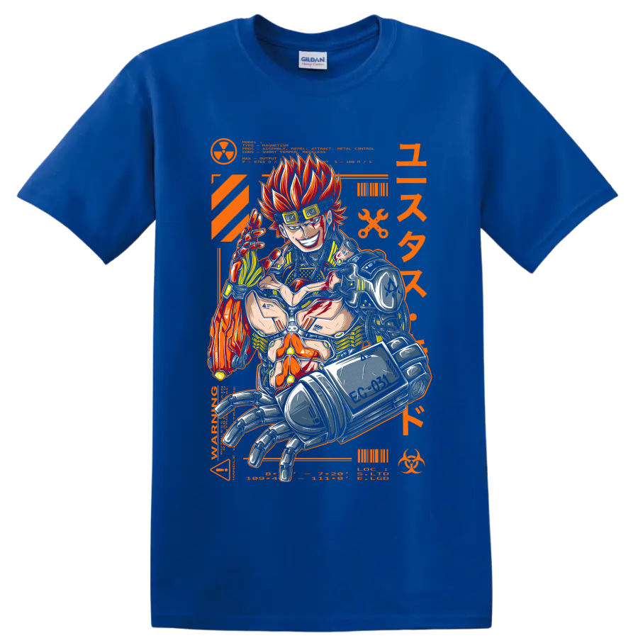 Eustass Kid with mechanical arm in fiery orange cyberpunk manga graphic on a Royal (Blue) T Shirt