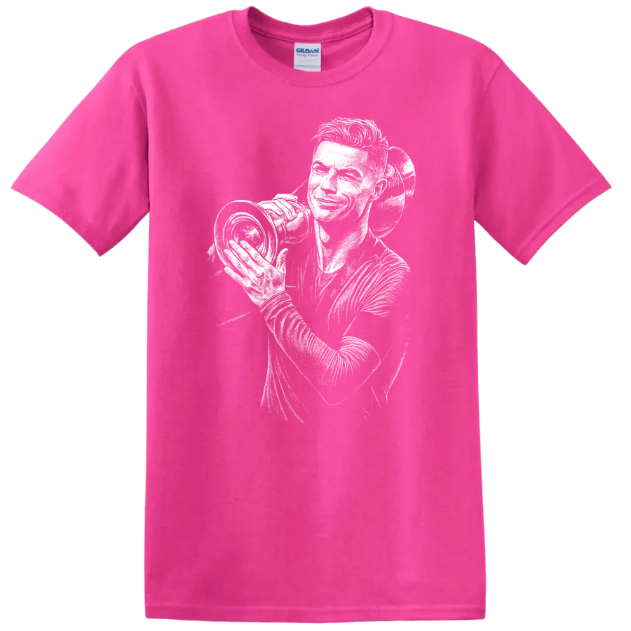 High-contrast retro soccer portrait of Cristiano Ronaldo T - Safety Pink