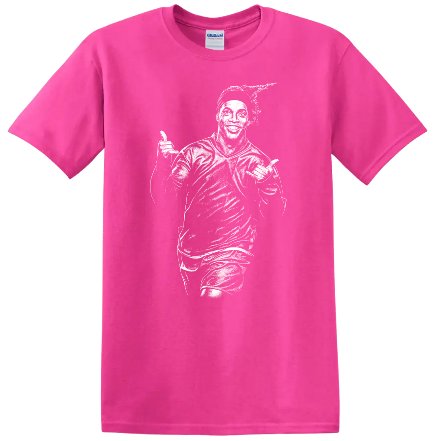 Retro soccer player portrait in legend style inspired by Ronaldinho on a T - Safety Pink
