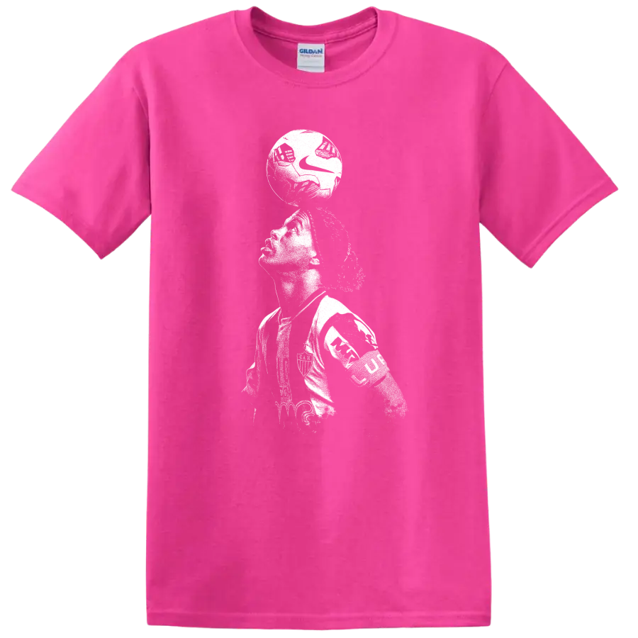 Retro soccer legend portrait of Ronaldinho Gaúcho style on black T - Safety Pink