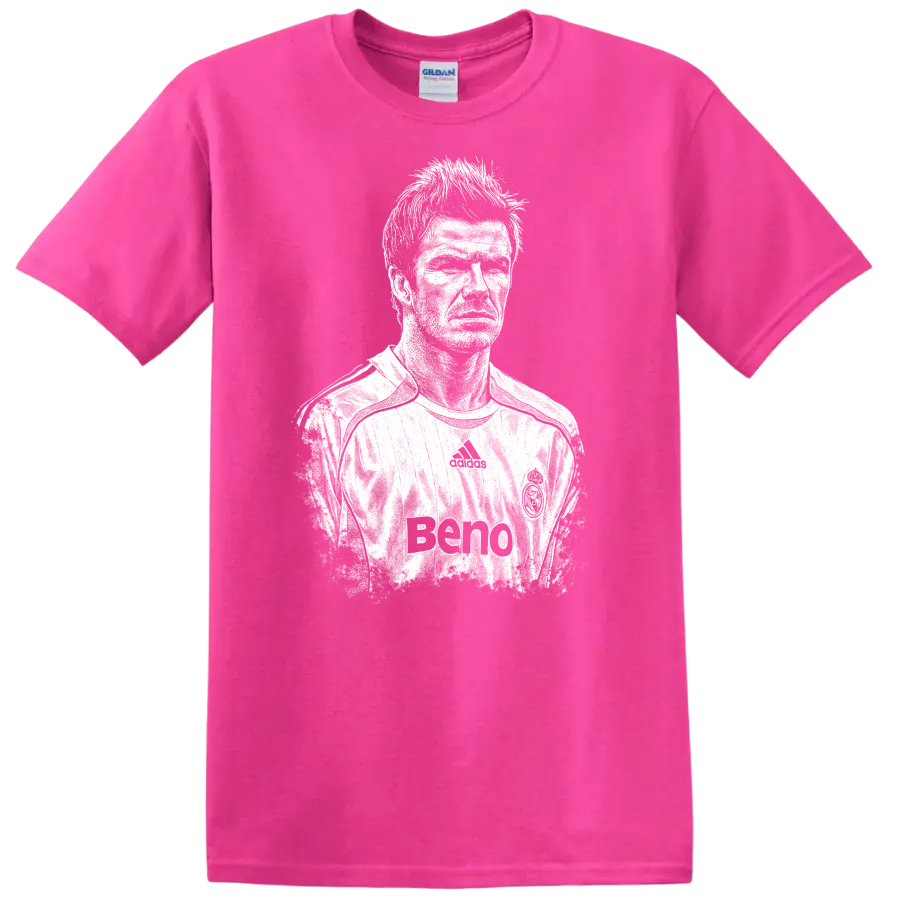 Retro soccer portrait style graphic inspired by David Beckham on a - Safety Pink