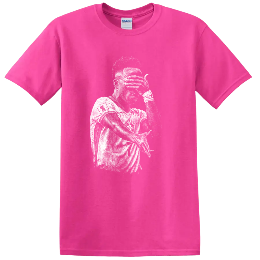 Retro black and white soccer portrait of Vinícius Júnior T - Safety Pink