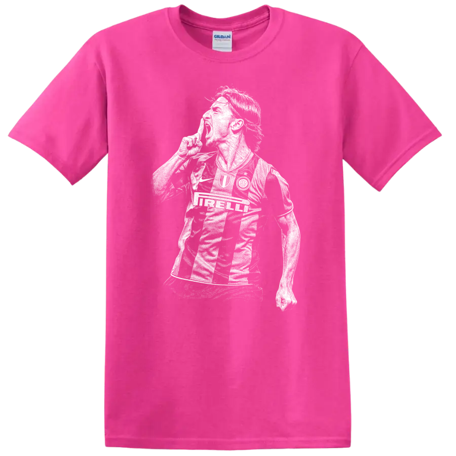 Black and white retro soccer player portrait graphic T Shirt featuring Zlatan - Safety Pink