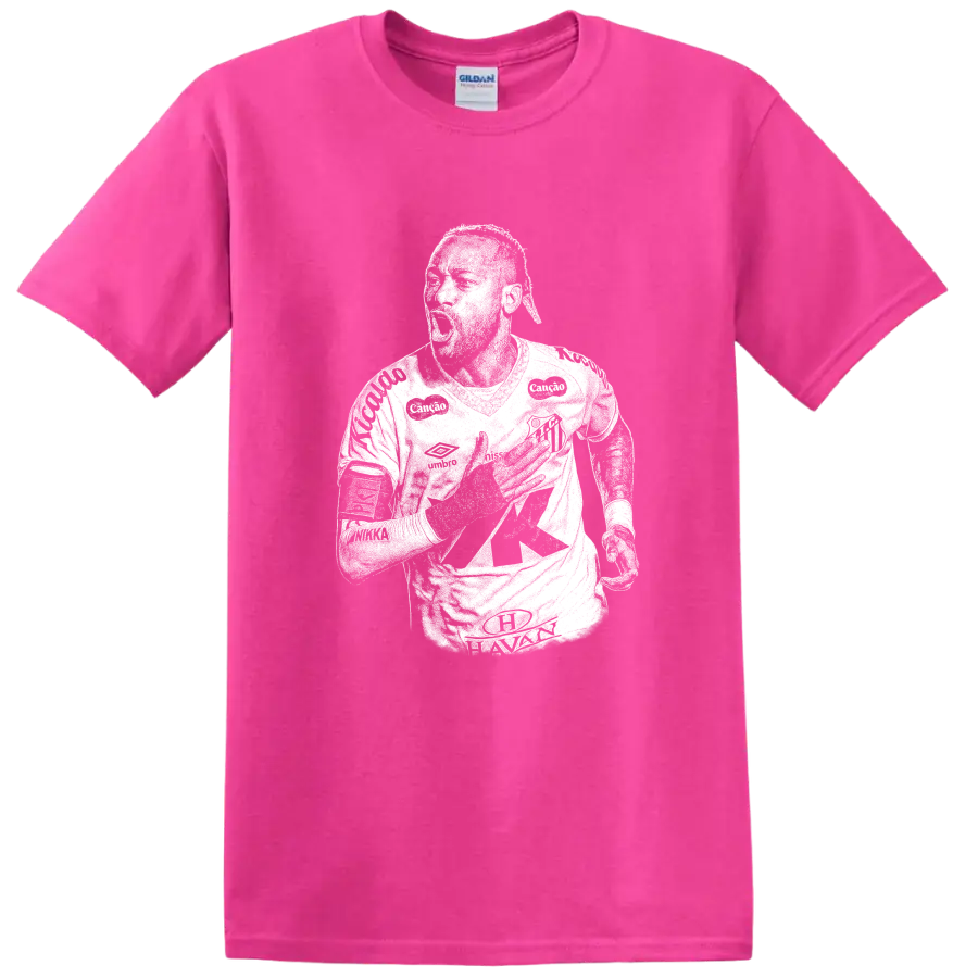 Retro soccer portrait silhouette inspired by Neymar Jr. on a black T - Safety Pink