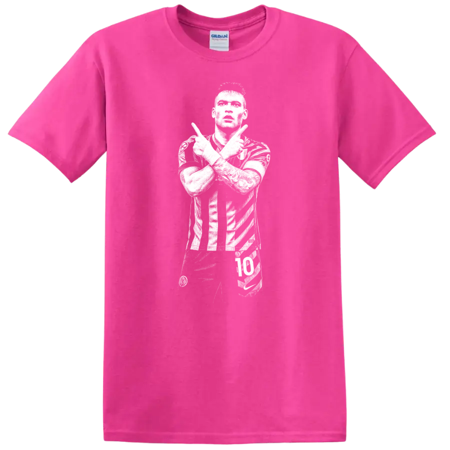 Black and white retro soccer portrait of Lautaro Martínez on a T - Safety Pink