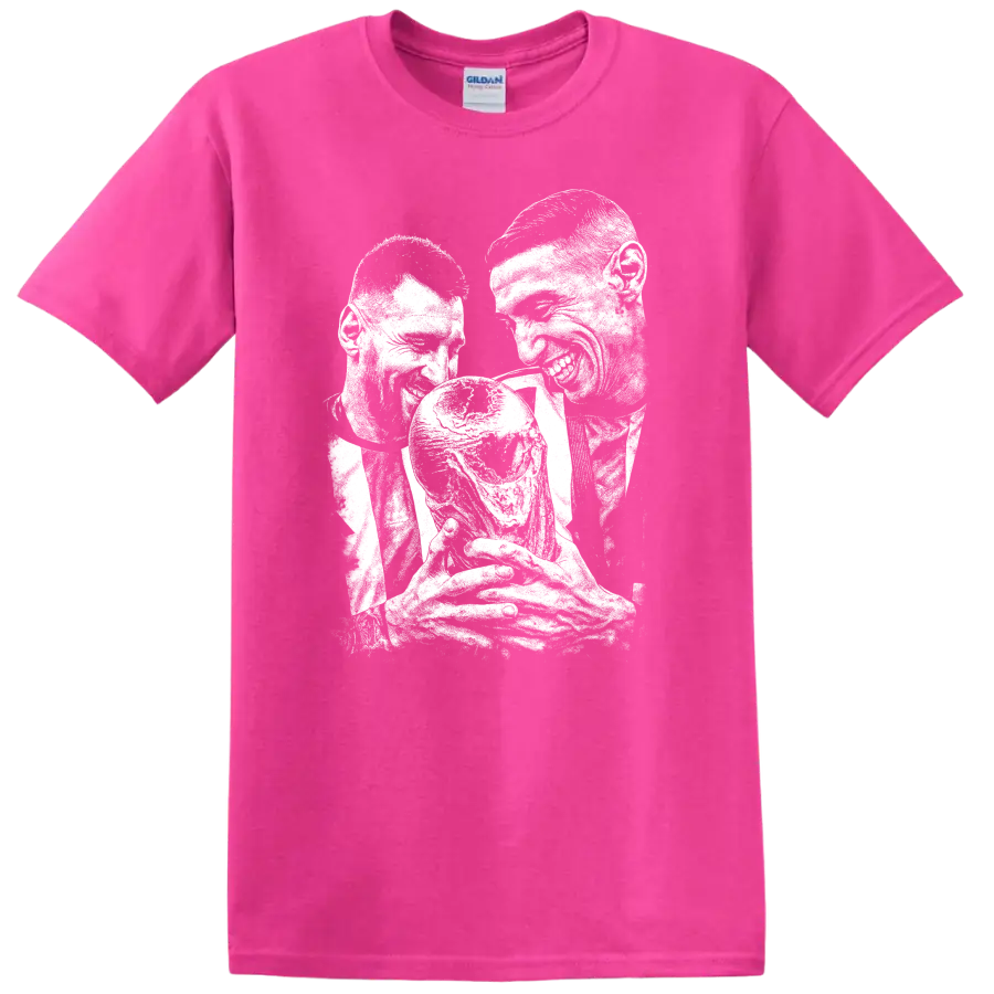 Retro soccer legend portrait design featuring Lionel Messi and Ángel Di María T - Safety Pink
