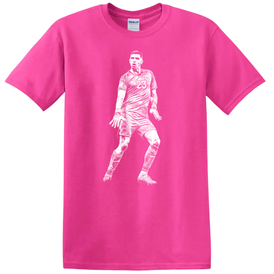 Black and white retro soccer player silhouette design for Emiliano Martínez T - Safety Pink