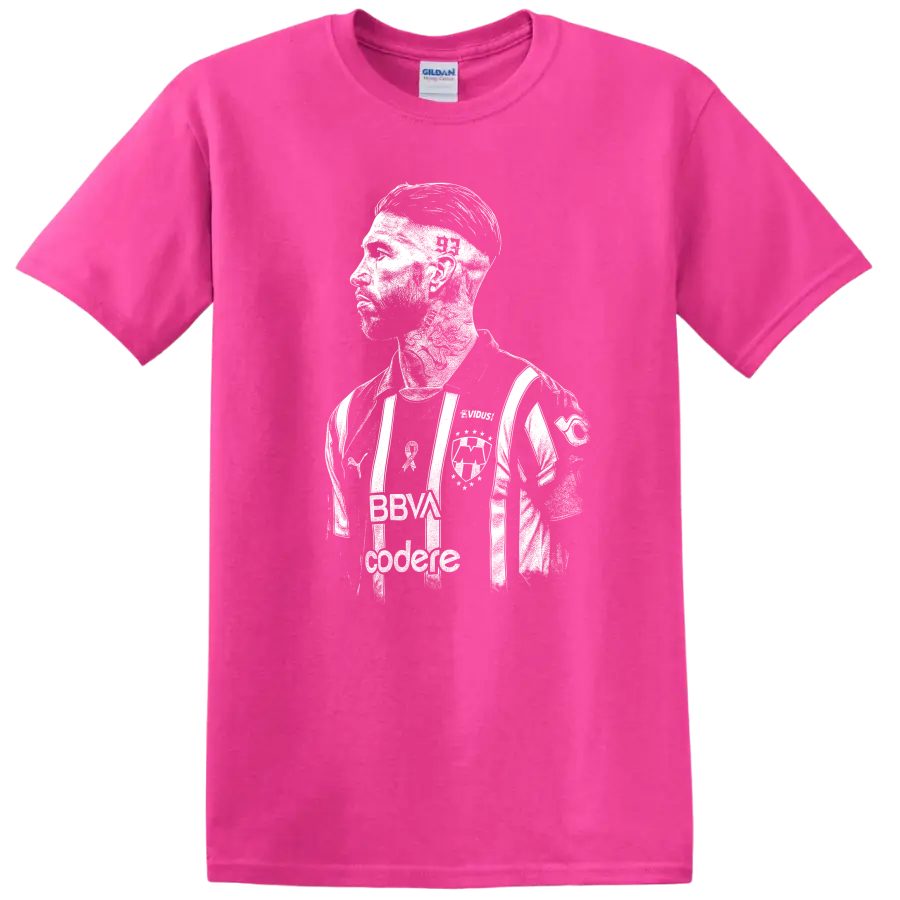 Retro style Sergio Ramos soccer portrait graphic on T - Safety Pink