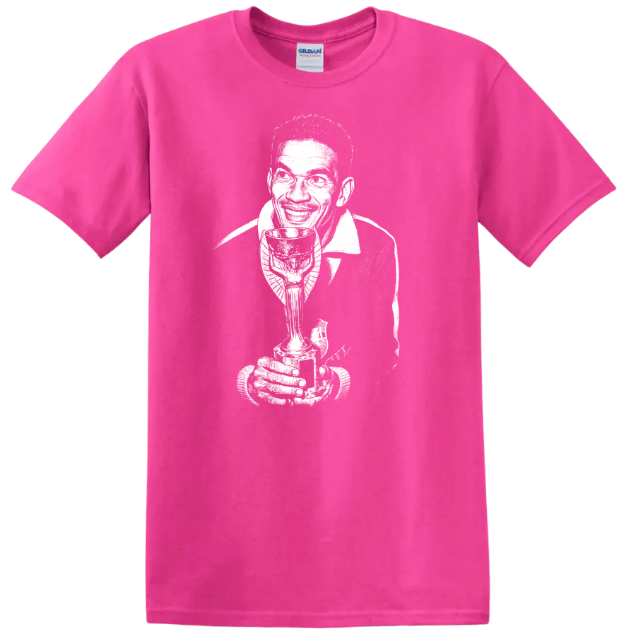 Black and white retro soccer portrait graphic T shirt of Manuel Francisco dos - Safety Pink