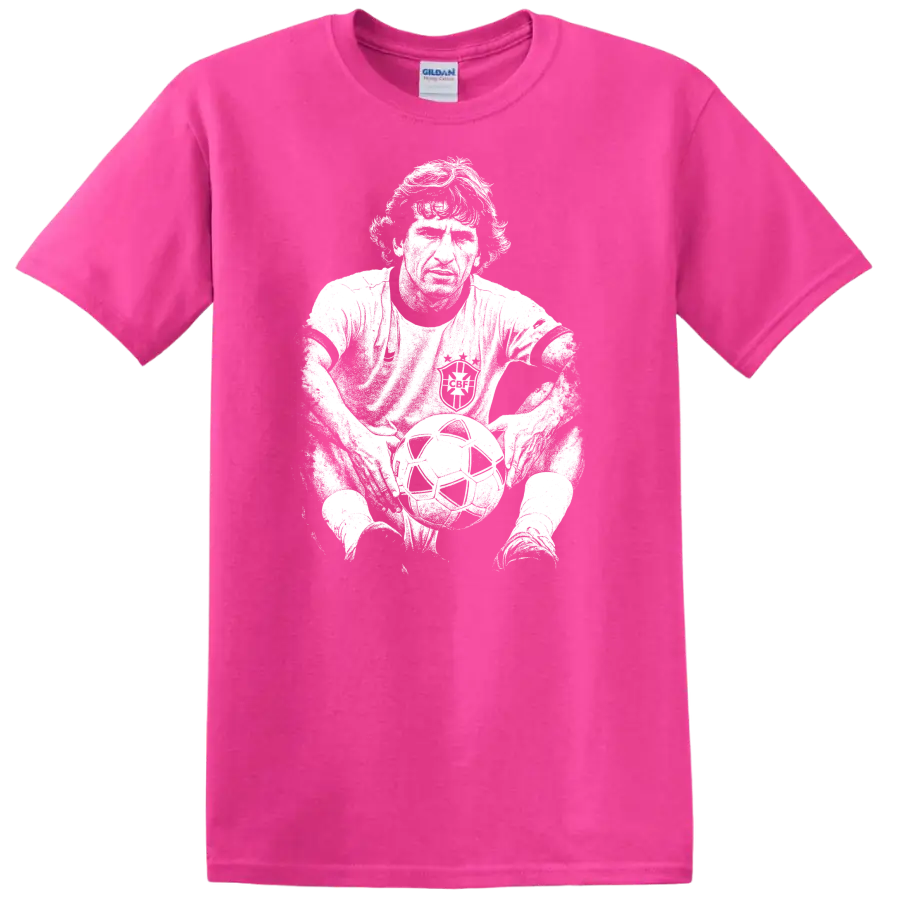 Retro soccer legend portrait style graphic inspired by Arthur Antunes Coimbra on a T - Safety Pink
