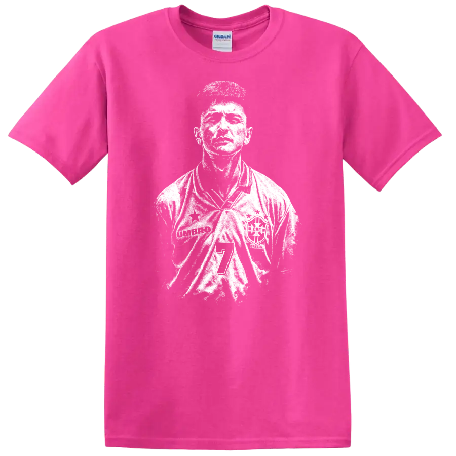 Retro soccer portrait of Romário de Souza Faria, legend style T shirt - Safety Pink