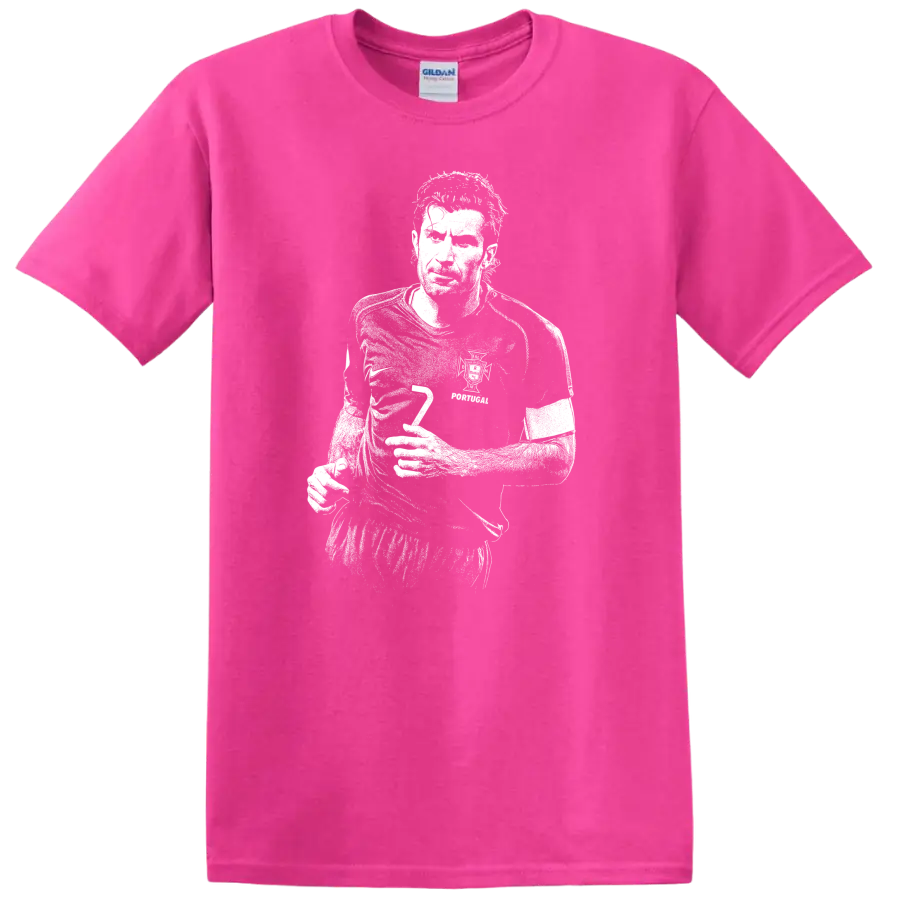 High-contrast retro soccer portrait of Luís Figo style graphic T-shirt - Safety Pink