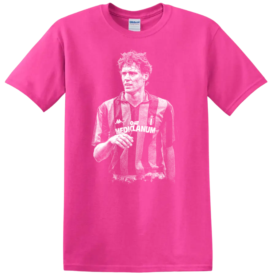 Black and white retro soccer portrait of Marco van Basten T shirt - Safety Pink