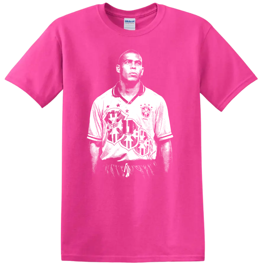 Retro soccer portrait of Ronaldo Nazário legend style - Safety Pink