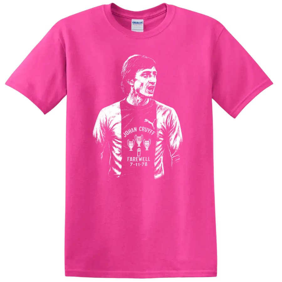 Retro black and white soccer legend portrait graphic T - Safety Pink
