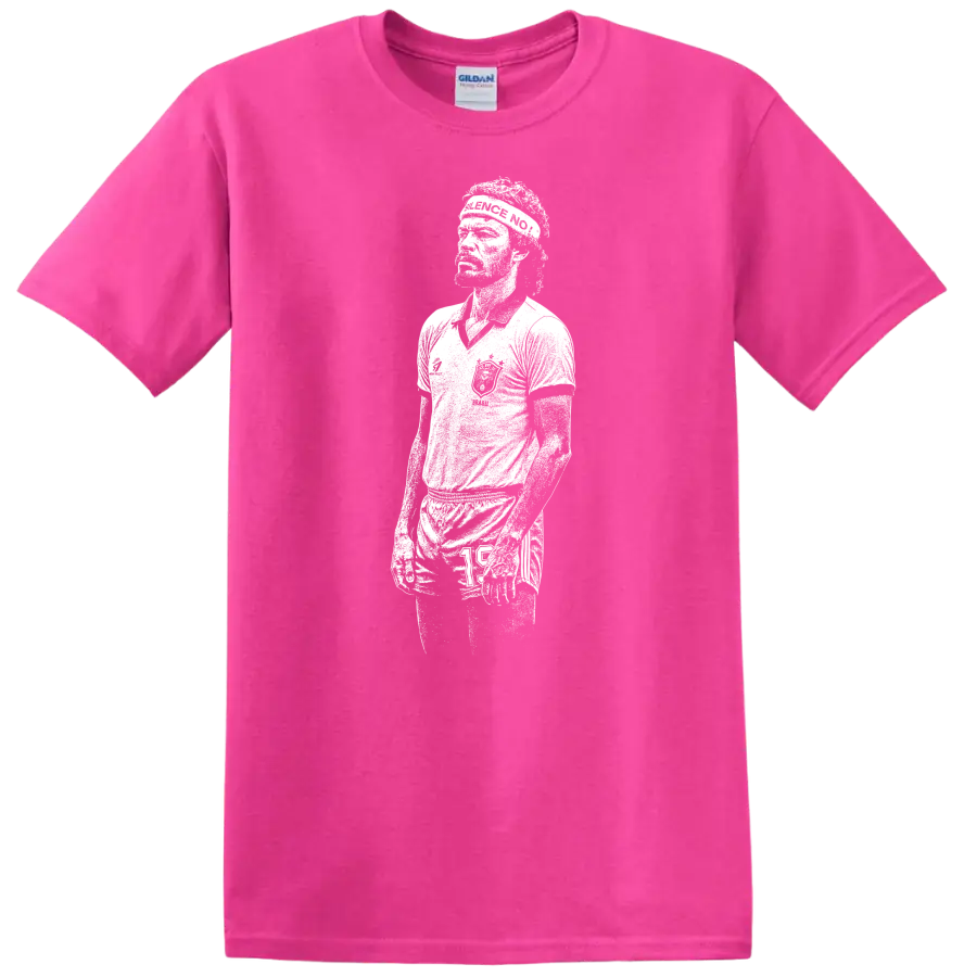 Retro soccer legend portrait graphic of Sócrates Brasileiro on - Safety Pink